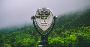 Coin operated viewing binoculars overlooking a lush, green forest
