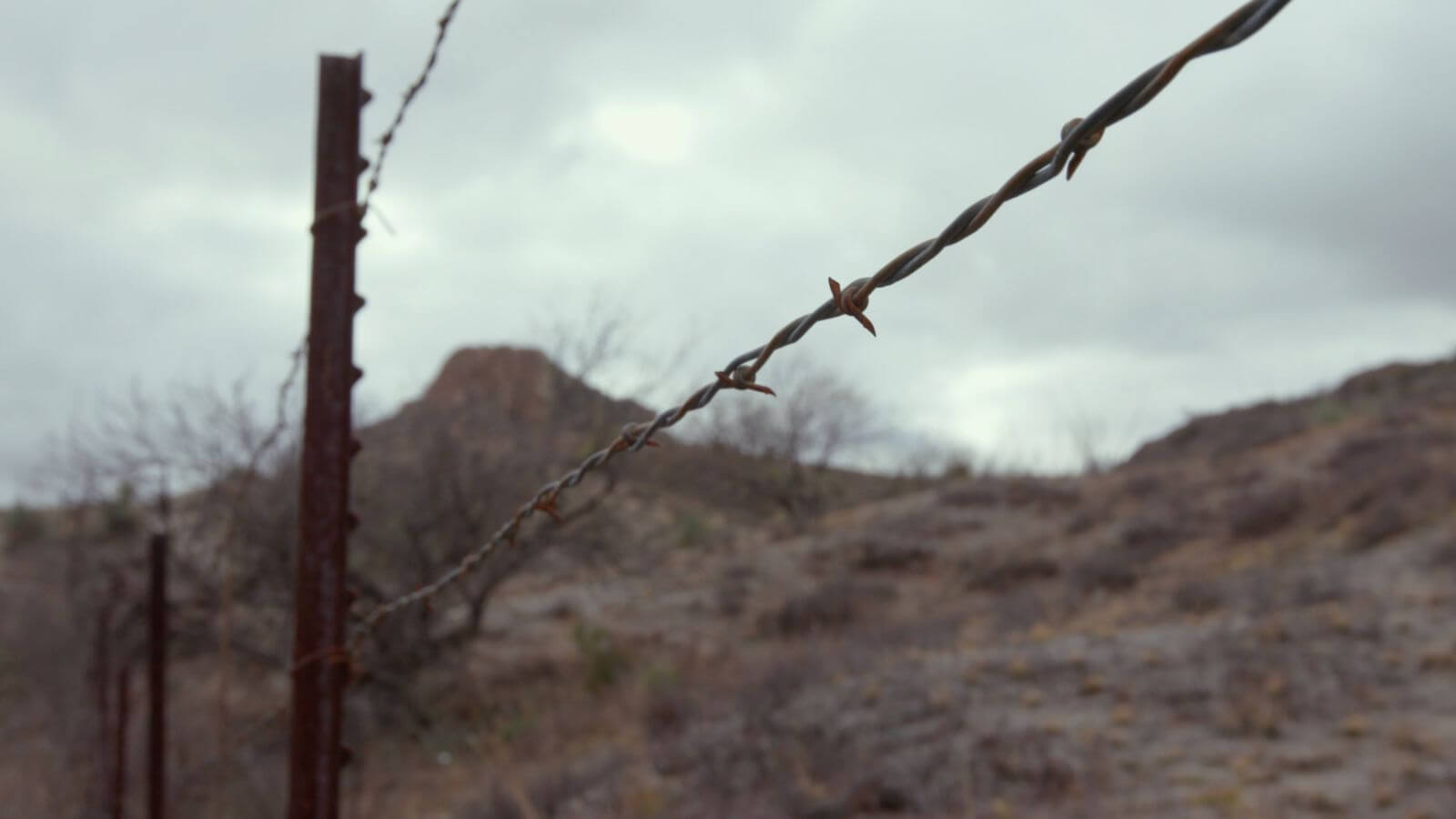 Rusty, barbed wire fence in a desert landscape