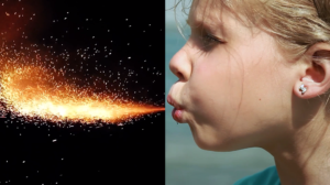 Merged photos of a young girl on right side blowing sparks that are flying across on the left side