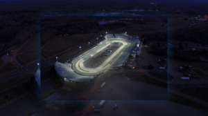 View from the sky of an empty race car track at night